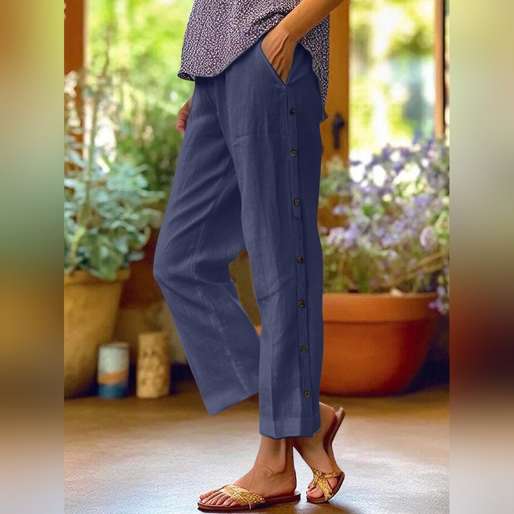 Full Size Side Decor Button Navy Blue Casual Wide Leg Pants Plus Size